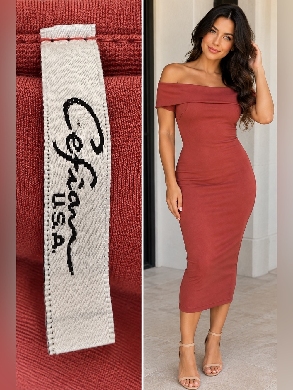 Cefian Off-the-Shoulder Midi Dress in Brick Red